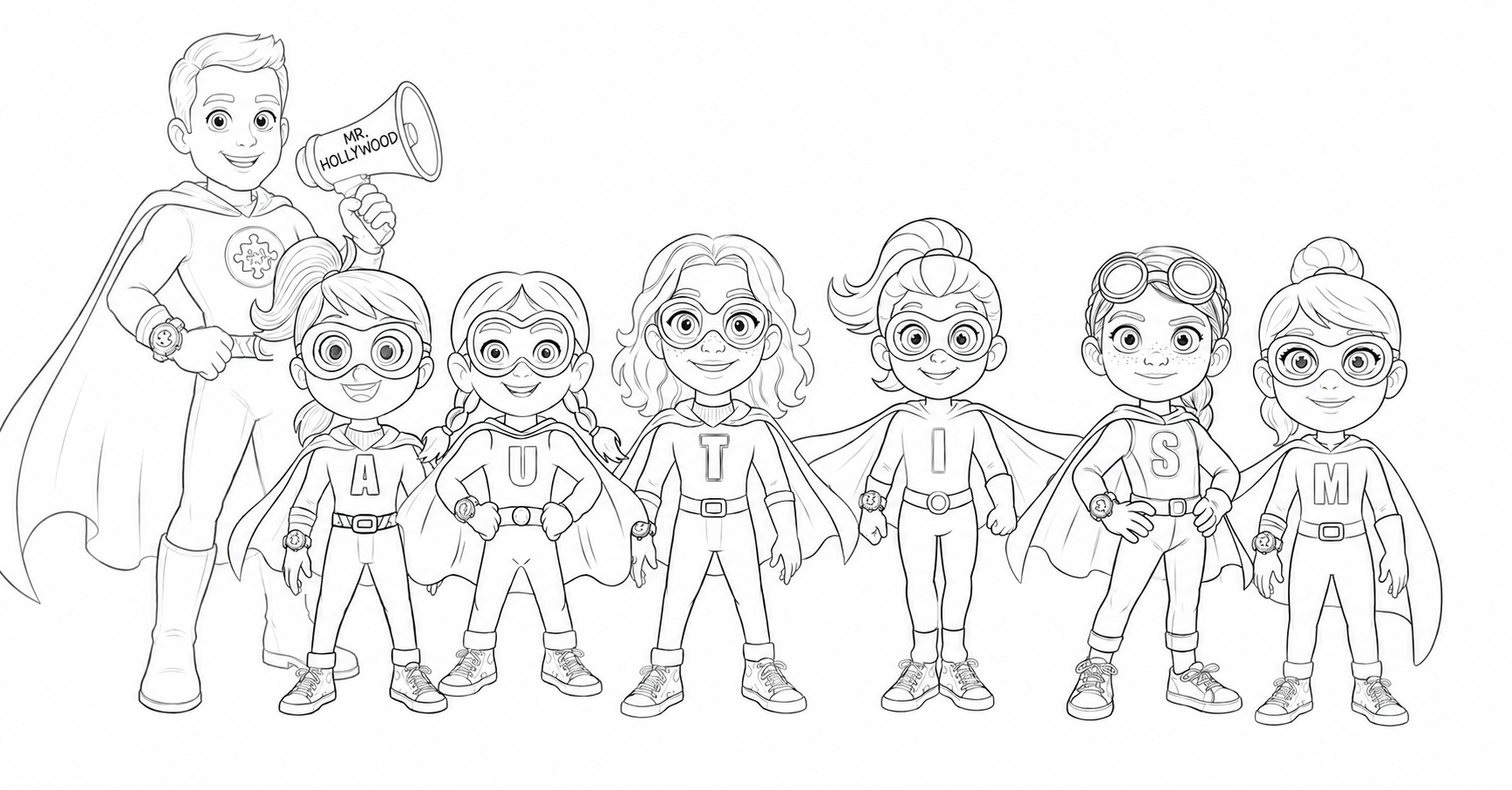 Black-and-white line illustration of the Autism Rescuers character lineup with Mr. Hollywood holding a megaphone