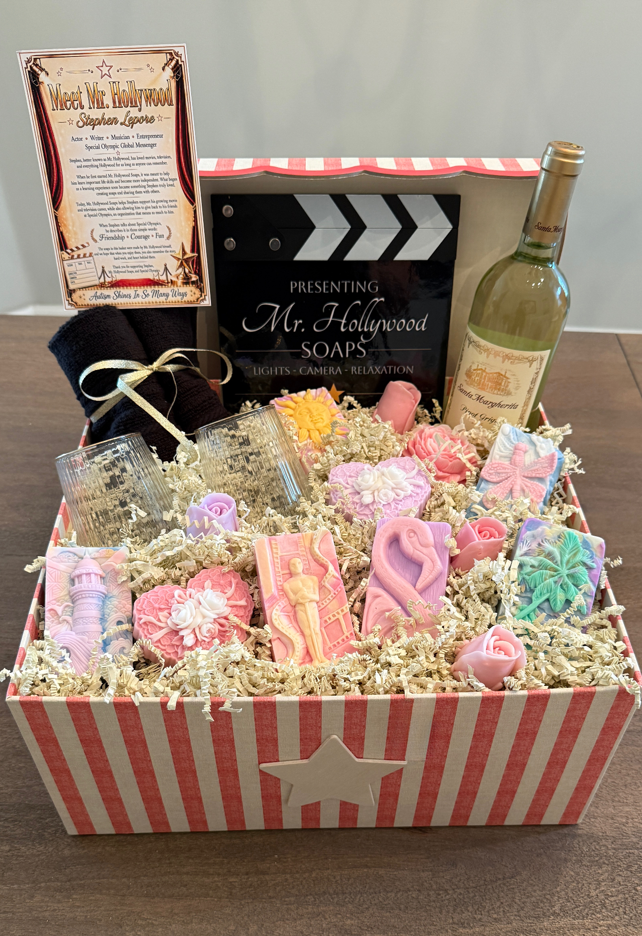 Mr. Hollywood Soaps gift basket created for a Special Olympics fundraising auction