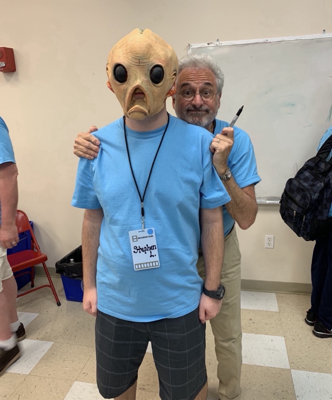 Stephen wearing an alien mask on the set of The Bizarre Zone at film camp
