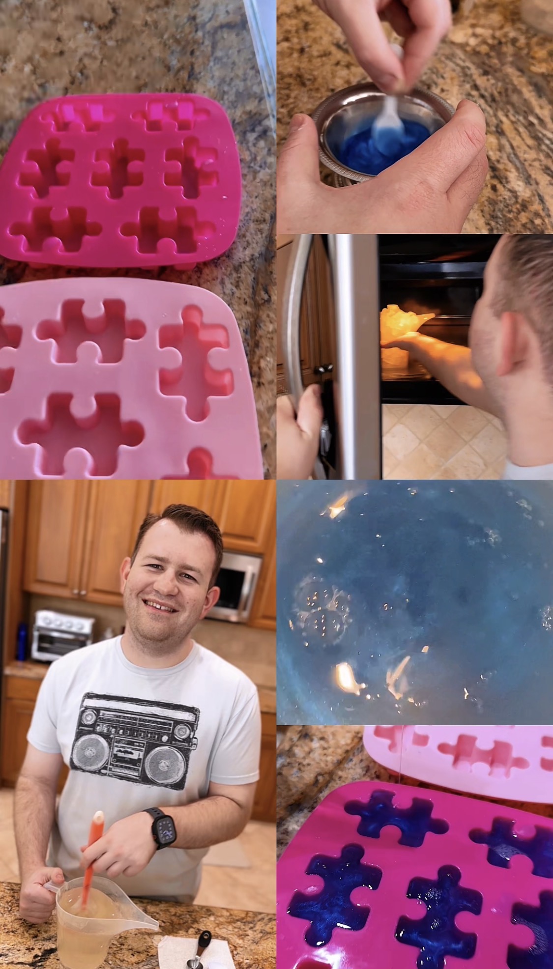 Collage of the soap making process, from puzzle piece molds to melting and pouring the colored soap